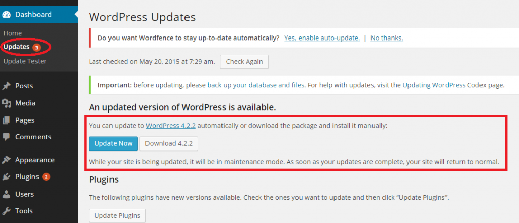 Wordpress Version Update Showing