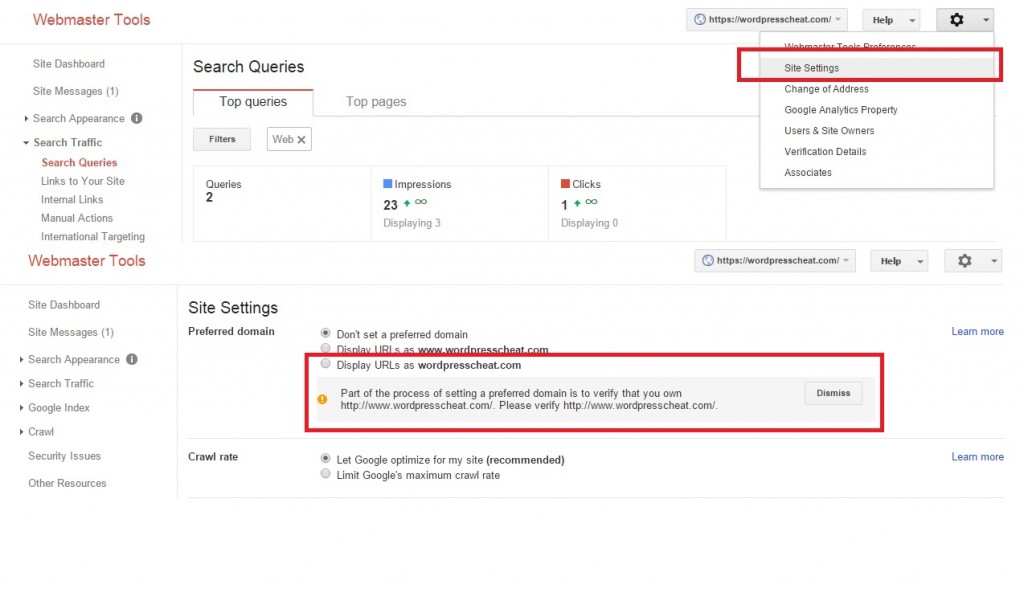 Google Webmaster Tools Site Setting